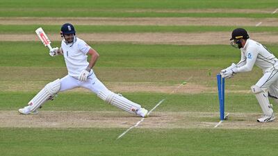 New Zealand wicketkeeper Tom Blundell stumps James Anderson for nine runs as England are bowled out for 539 in their first innings. AFP