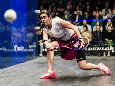 Nour El Sherbini plays a shot. EPA