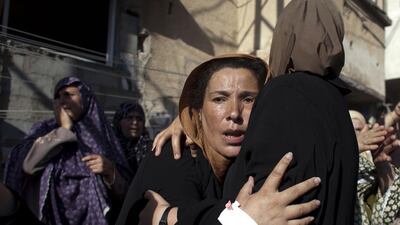 Women mourn during the funeral of the boys who got killed by an Israeli naval bombardment in the port of Gaza. The boys died during an Israeli naval bombardment in the port of Gaza.