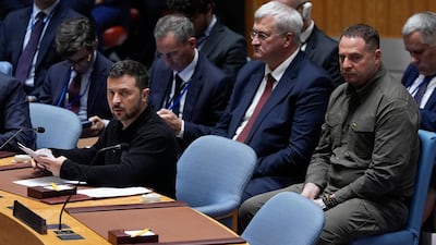 Ukrainian President Volodymyr Zelenskyy at the UN Security Council meeting in New York on Tuesday. AP