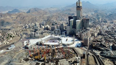 Pictured on November 17, 2010, construction is under way on an expansion of the Grand Mosque of Makkah, including a multi-level extension, new tunnels and stairways, as well as more minarets. Abraj Al Bait, including the clock tower, was build on the site of an Ottoman citadel. AFP