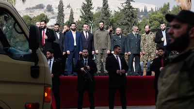 Syria's President Ahmad al Shara with senior officials in Damascus. AP