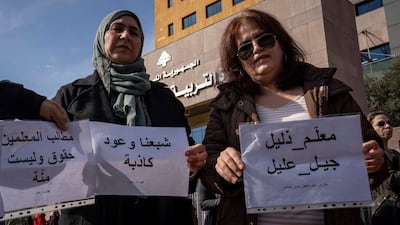 Public school teachers protest outside Lebanon's Ministry of Education and Higher Education in January 2023. Matt Kynaston / The National