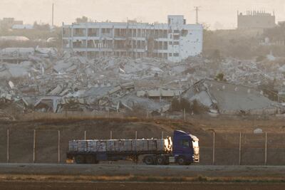 A lorry loaded with aid near the Israel-Gaza border on Wednesday. Reuters