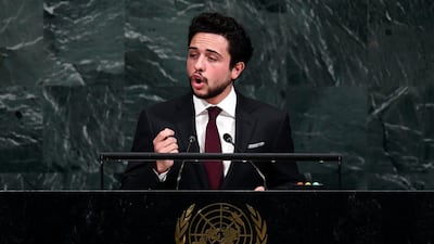 Crown Prince Hussein bin Abdullah II , heir to the Jordanian throne, addresses the 72nd Session of the United Nations General assembly in New York on September 21, 2017. Jewel Samad / AFP