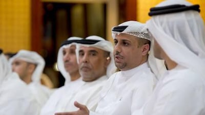 Jassem Al Zaabi, chairman of the Al Yah Satellite Communications Company, second right, presents a Ramadan lecture titled "Yahsat - UAE's Journey into Space", at Al Bateen Palace this week. Ryan Carter / Crown Prince Court - Abu Dhabi