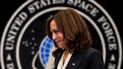 US Vice President Kamala Harris delivers a speech during a visit to the Vandenberg Space Force Base in Lompoc, California. EPA