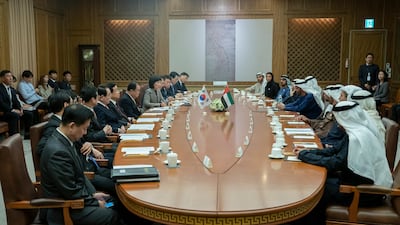Sheikh Mohamed bin Zayed attends a meeting with Moon Hee-sang.
