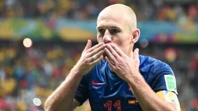 Arjen Robben gestures to the crowd after scoring his goal against Spain on Friday night in the Netherlands' 5-1 win at the 2014 World Cup in Salvador, Brazil. Damien Meyer / AFP
