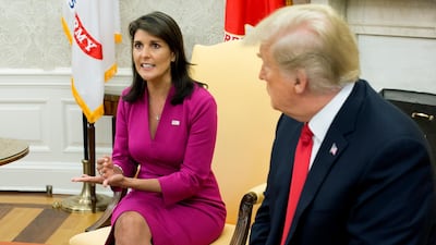 US Ambassador to the United Nations Nikki Haley (L) speaks beside US President Donald J. Trump (R) in the Oval Office of the White House. EPA