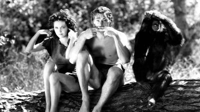 Maureen O'Sullivan, Johnny Weissmuller and Cheeta in one the many Tarzan movies they made together in the 1930 and 40s. Courtesy MGM