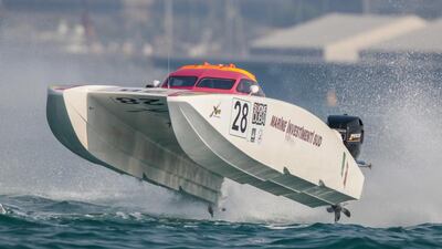 Fujairah Racing Team taking part in the Dubai Duty Free Speed Cat Run in the UIM Skydive Dubai XCAT World Series Round 1 on Friday. Raffaello Bastiani / WPPA / XCAT