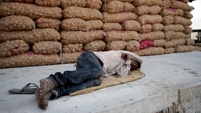 A labourer naps near sacks of vegetables in Jammu. AP