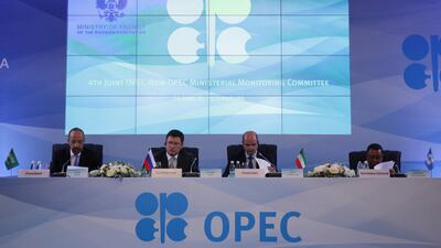 The Saudi Arabian energy minister Khalid Al Falih, Russian energy minister Alexander Novak, Kuwaiti oil minister Essam Al Marzouq and Opec secretary general Mohammad Barkindo meet in St Petersburg, Russia. Anton Vaganov / Reuters