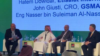 Jawad Abbassi, head of MENA at GSMA; Nasser bin Sulaiman Al-Nasser, group chief executive of STC; Hatem Dowidar, chief executive of Etisalat International and John Giusti, chief regulatory officer at GSMA during GSMA Mobile 360 in Dubai. GSMA