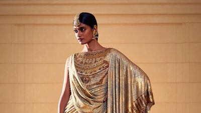 A lavish sari in metallic hues from Tarun Tahiliani