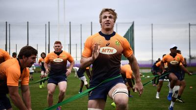 South Africa's flanker Pieter-Steph Du Toit takes part in a training session Fuchu Asahi Football Park in Tokyo ahead of their Japan 2019 Rugby World Cup semi-final against Wales. AFP