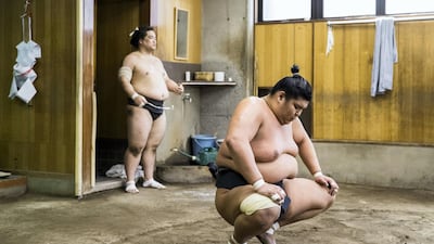 Sumo wrestlers of the Hakkaku stable practice during a training session in Tokyo, Japan. EPA
