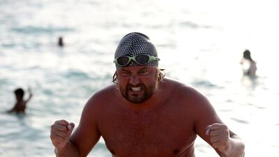 Steve Stievenart swam non-stop from 5.30am until 5.30pm to raise awareness of sea pollution near Kite Beach, Dubai. Chris Whiteoak / The National