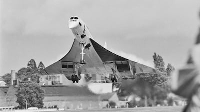 A prototype Concorde takes off from Farnborough Airshow in 1974.