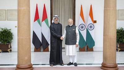 Sheikh Khaled bin Mohamed, Crown Prince of Abu Dhabi, with Indian Prime Minister Narendra Modi in New Delhi. Photo: Wam