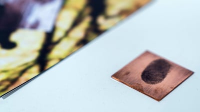 Abu Dhabi, United Arab Emirates, February 15, 2020. STORY BRIEF: Opening of UAEUnlimited exhibition Intimaa: Belonging at the NYUAD Art Centre. -- Majd Alloush (b. 1996) is a Syrian Artist working with copper, embossed Somerset paper. Liminal Margin, 2020, 11 prints. Victor Besa / The National Section: AC Reporter: Alexandra Chaves