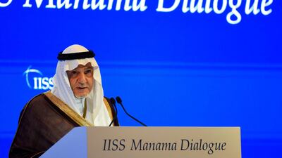 Prince Turki al Faisal bin Abdulziz al-Saud, chairman of King Faisal Centre for Research and Islamic Studies, addresses the Manama Dialogue security conference in Bahrain capital on December 6, 2020. AFP