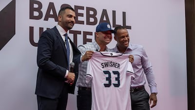 New York Yankees World Series champion Nick Swisher, centre, with former MLB star Adrian Beltre, right, and Baseball United’s chief executive Kash Shaikh, left, at the official launch of Baseball United’s Dubai Showcase on Thursday, August 3, 2023. All photos: Antonie Robertson / The National