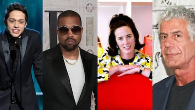 From left: Pete Davidson and Kanye West have both been diagnosed with bipolar disorder while Kate Spade and Anthony Bourdain suffered with depression. AP Photo