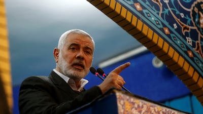 Hamas leader Ismail Haniyeh speaks at the funeral of Qassem Suleimani in January 2020. Reuters