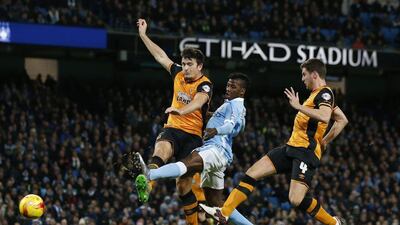 Manchester City’s Kelechi Iheanacho fires in their second goal on Tuesday in the League Cup quarter-final against Hull City. Phil Noble / Reuters