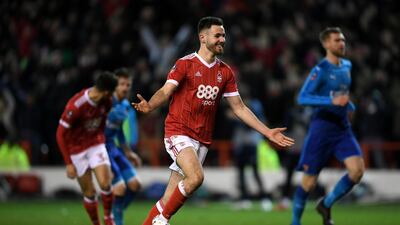 Ben Brereton of Nottingham Forest celebrates scoring his team's third goal from the penalty spot in their 4-2 win over Arsenal. Laurence Griffiths / Getty Images