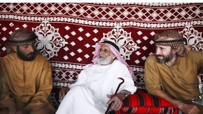 From left, Ghalfan Al Jabri, Salim bin Kabina and Adrian Hayes talk about the journey they took more than 60 years apart. Lee Hoagland / The National