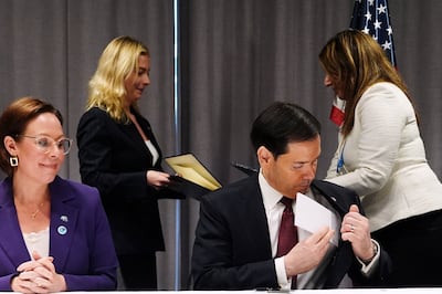 US Secretary of State Marco Rubio, and Sweden’s Foreign Minister during a signing ceremony on the sidelines of a meeting of Nato foreign ministers in Helsingborg, Sweden. Reuters
