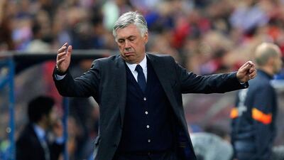 Real Madrid manager Carlo Ancelotti reacts during his side's 0-0 draw with Atletico Madrid in the Champions League quarter-final first leg on Tuesday. Gonzalo Arroyo Moreno / Getty Images / April 14, 2015