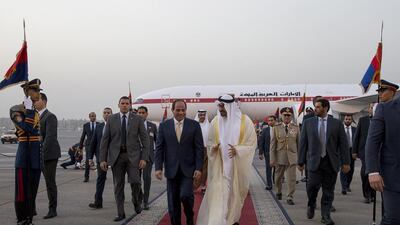Sheikh Mohamed bin Zayed walks with Abdel Fattah El Sisi, President of Egypt on arrival at Cairo for an official visit. Mohammed Al Hammadi / Crown Prince Court — Abu Dhabi
