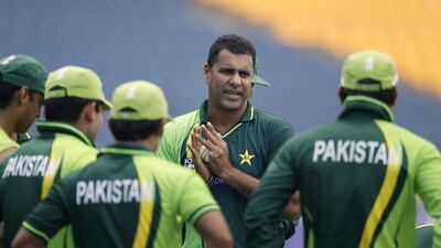 Pakistan coach Waqar Younis, centre, shown addressing his team during the last Cricket World Cup in 2011. Eranga Jayawardena / AP / February 21, 2011