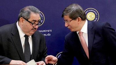Iraqi foreign minister Hoshyar Zebari (left) and his Turkish counterpart Ahmet Davutoglu following their talks in Ankara. Adem Altan / AFP