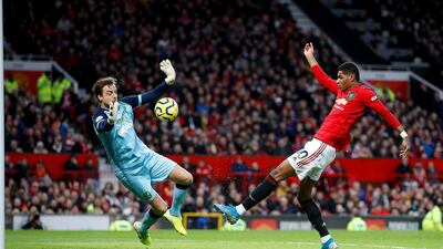 Manchester United's Marcus Rashford scores on Saturday. PA