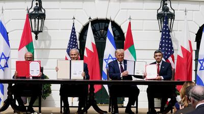 Bahrain Foreign Minister Khalid bin Ahmed Al Khalifa, Israeli Prime Minister Benjamin Netanyahu, former US president Donald Trump and United Arab Emirates Foreign Minister Abdullah bin Zayed Al Nahyan are seen during the Abraham Accords signing ceremony at the White House, September 15, 2020. AP Photo