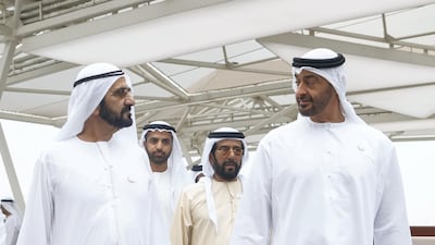 Sheikh Mohamed bin Zayed walks with Sheikh Mohamed bin Rashid. Rashed Al Mansoori / Ministry of Presidential Affairs