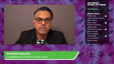 Shumon Basar, commissioner of the Global Art Forum, takes part in the online streaming