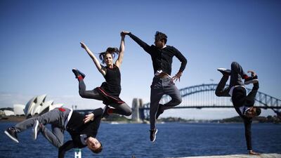 Members of the Red Bull Flying Bach dance troupe perform on Sydney Harbour’s Fort Denison during a photo call in Sydney on September 9, 2014. The group, in Australia as part of their world tour, perform acrobatic dance to the classical music of German composer Johann Sebastian Bach with combined with electronic beats. Pictured are (L-R) Tim Mandriamanantena, Anna Holmstrom, Nordine-Dany Grimah and Yamine Manaa. Jason Reed / Reuters