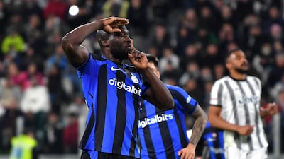 Romelu Lukaku gestures at Juventus fans after scoring for Inter Milan in the Coppa Italia semi-final first leg at the Allianz Stadium, on April 04, 2023. Getty