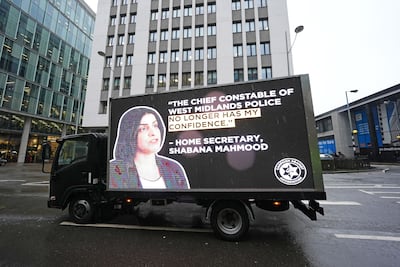 A van with a quote on the side from Home Secretary Shabana Mahmood saying she no longer had confidence in Chief Constable Craig Guildford passes the headquarters of West Midlands Police. PA