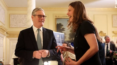 Britain's Prime Minister Keir Starmer and his wife Victoria before his speech on Monday. Reuters