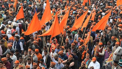 Indian Hindu nationalists participate in a rally calling for the construction of a temple on the site of the demolished 16th century Babri mosque, located in Ayodhya, in New Delhi on December 9. Sajjad Hussain / AFP