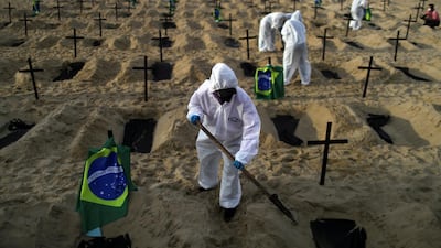 Activists dig graves on the beach to symbolise the dead from Covid-19 during a demonstration in Rio de Janeiro, Brazil. Reuters