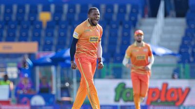 Chris Jordan of Gulf Giants celebrates the wicket of Andre Russell