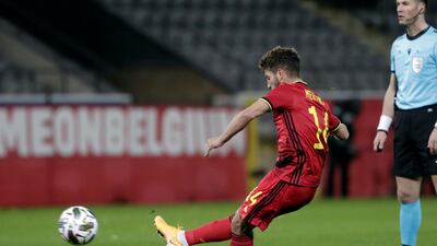 Dries Mertens of Belgium scores his team's second goal. EPA
